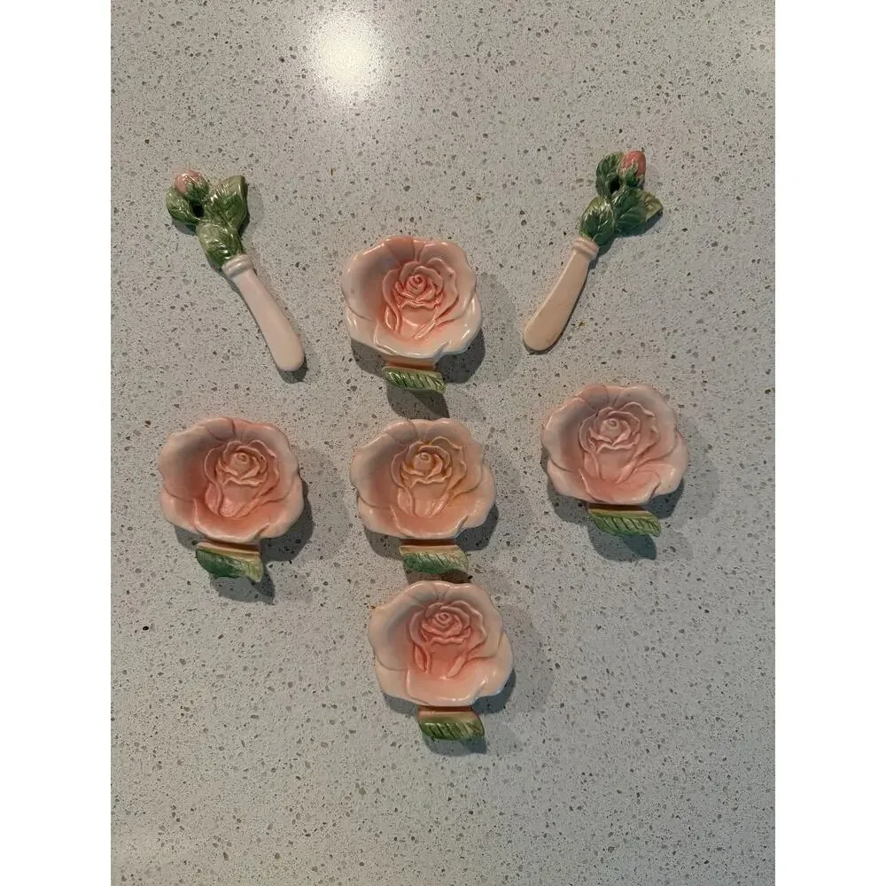 Fitz and Floyd Pink Rose Canape Dish Set with Spreader Knives 7 Piece